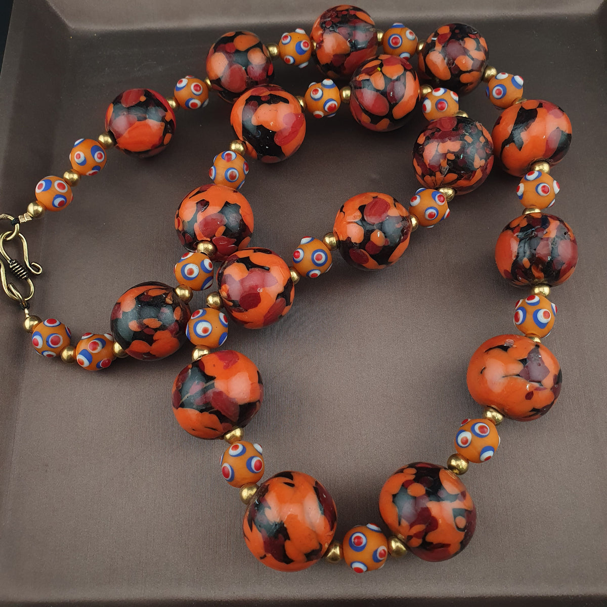 Vintage Venetian Style Mellifiori & Skunk Eyes Glass Beads Necklace