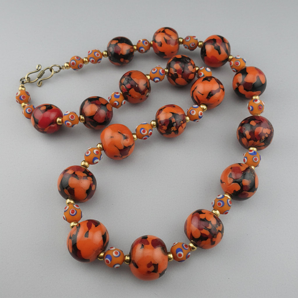 Vintage Venetian Style Mellifiori & Skunk Eyes Glass Beads Necklace