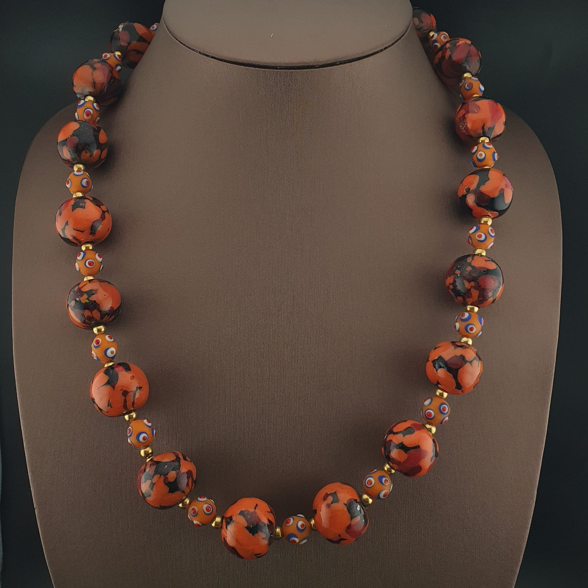 Vintage Venetian Style Mellifiori & Skunk Eyes Glass Beads Necklace