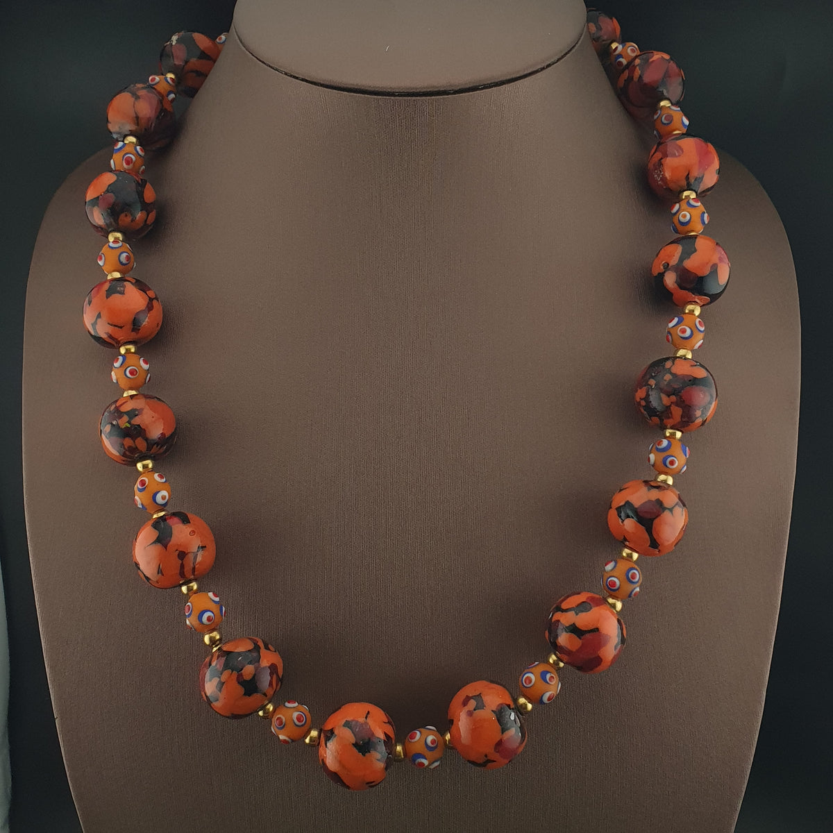 Vintage Venetian Style Mellifiori & Skunk Eyes Glass Beads Necklace