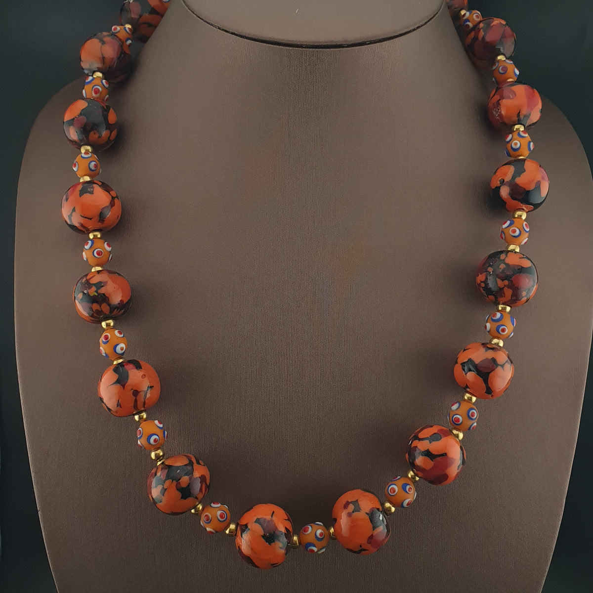 Vintage Venetian Style Mellifiori & Skunk Eyes Glass Beads Necklace