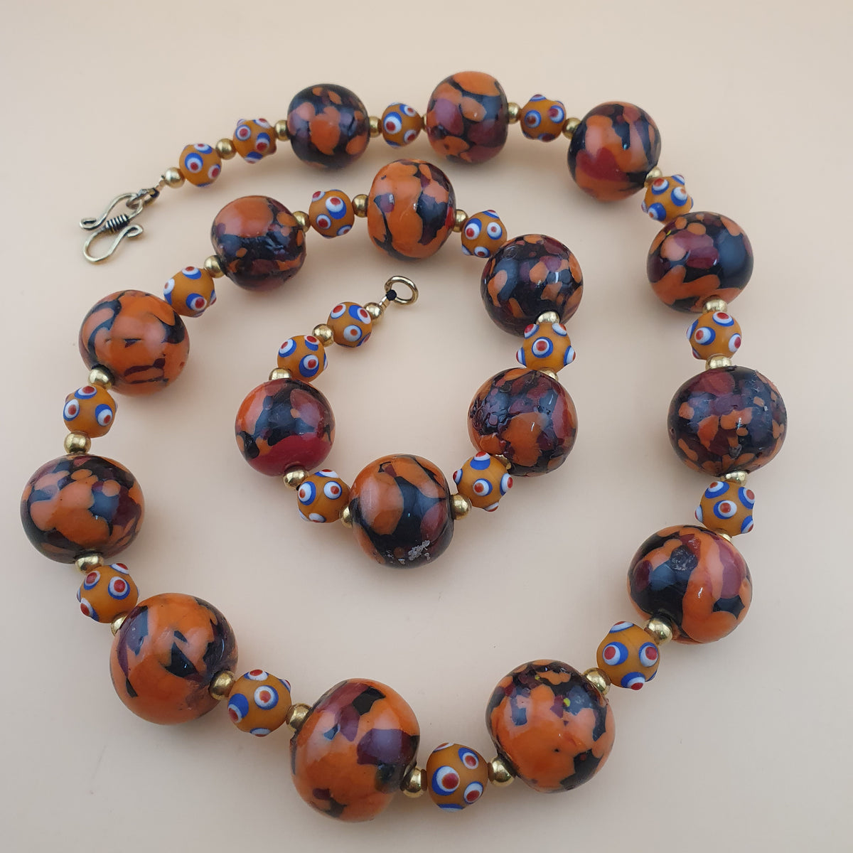 Vintage Venetian Style Mellifiori & Skunk Eyes Glass Beads Necklace