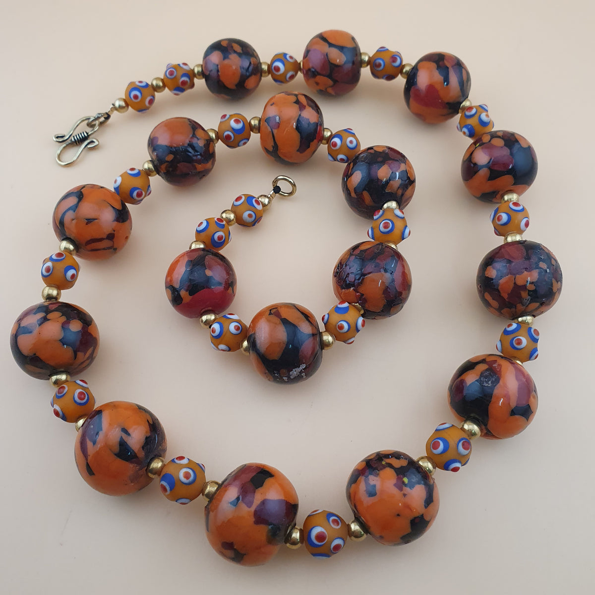Vintage Venetian Style Mellifiori & Skunk Eyes Glass Beads Necklace