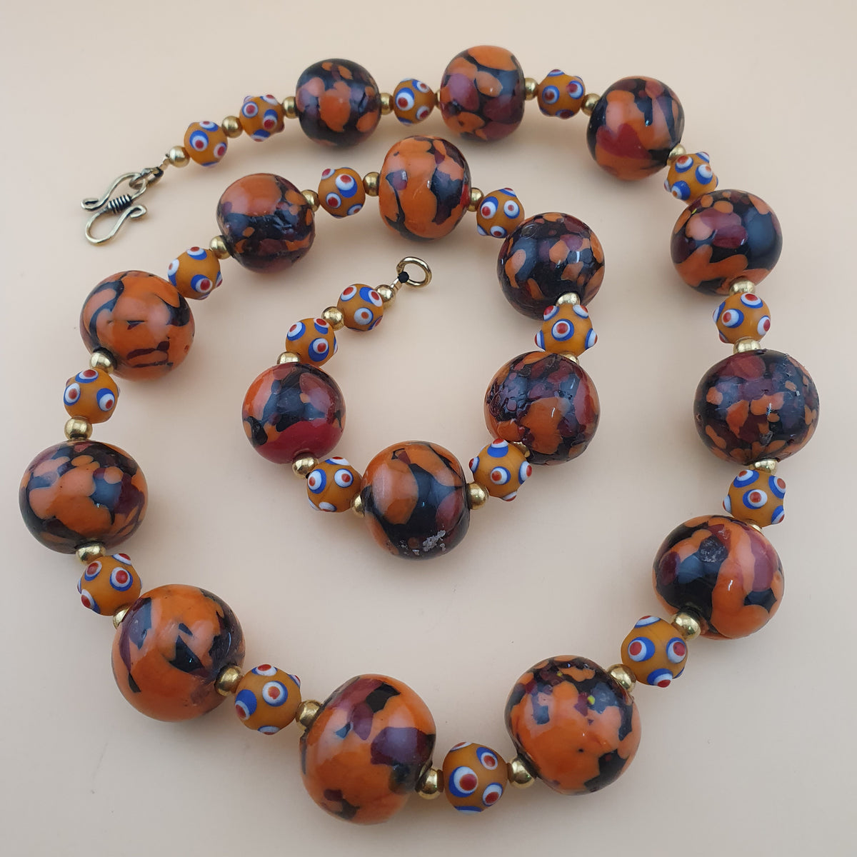 Vintage Venetian Style Mellifiori & Skunk Eyes Glass Beads Necklace