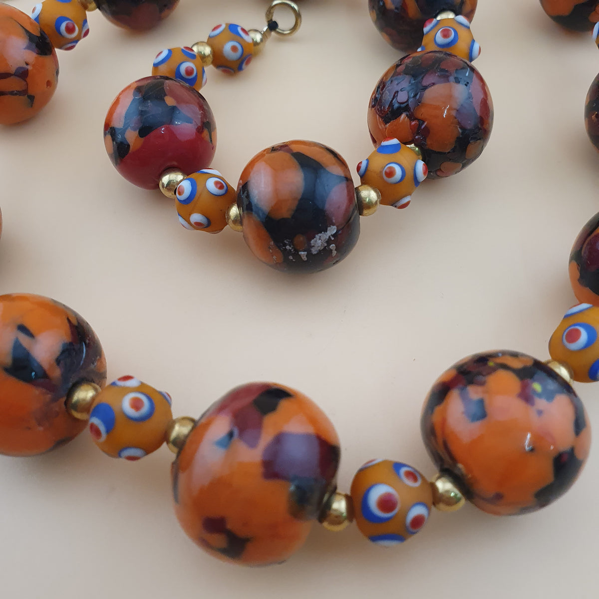 Vintage Venetian Style Mellifiori & Skunk Eyes Glass Beads Necklace