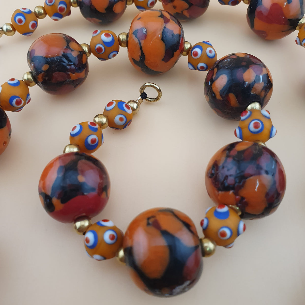 Vintage Venetian Style Mellifiori & Skunk Eyes Glass Beads Necklace