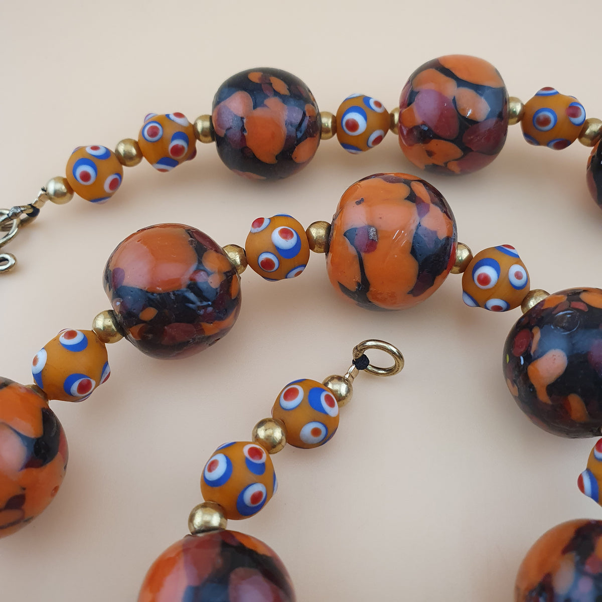 Vintage Venetian Style Mellifiori & Skunk Eyes Glass Beads Necklace
