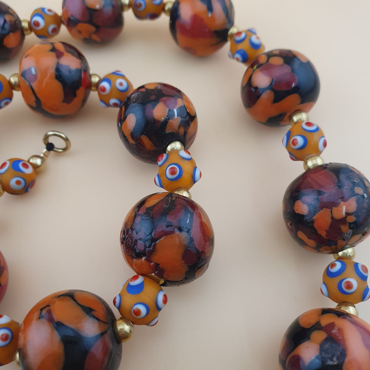 Vintage Venetian Style Mellifiori & Skunk Eyes Glass Beads Necklace