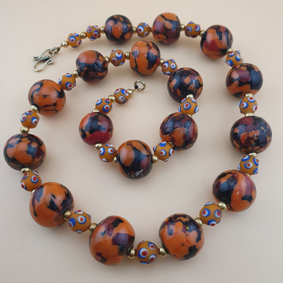 Vintage Venetian Style Mellifiori & Skunk Eyes Glass Beads Necklace