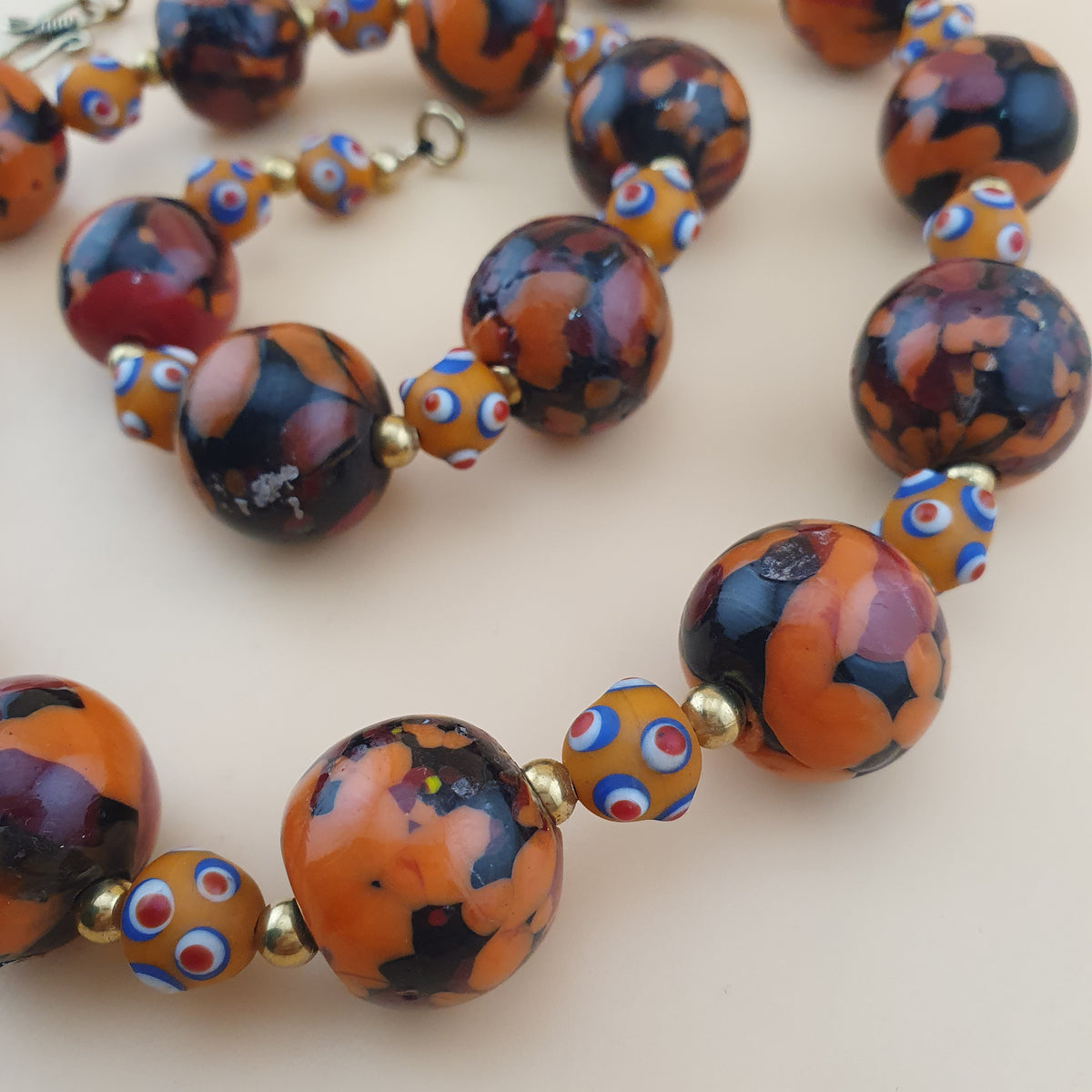 Vintage Venetian Style Mellifiori & Skunk Eyes Glass Beads Necklace