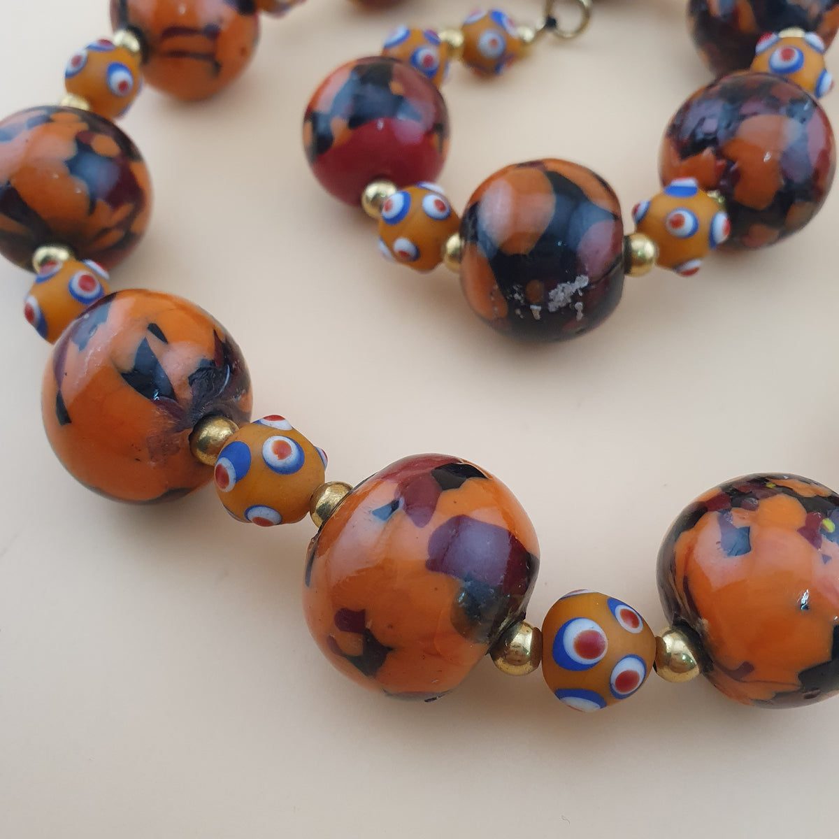 Vintage Venetian Style Mellifiori & Skunk Eyes Glass Beads Necklace