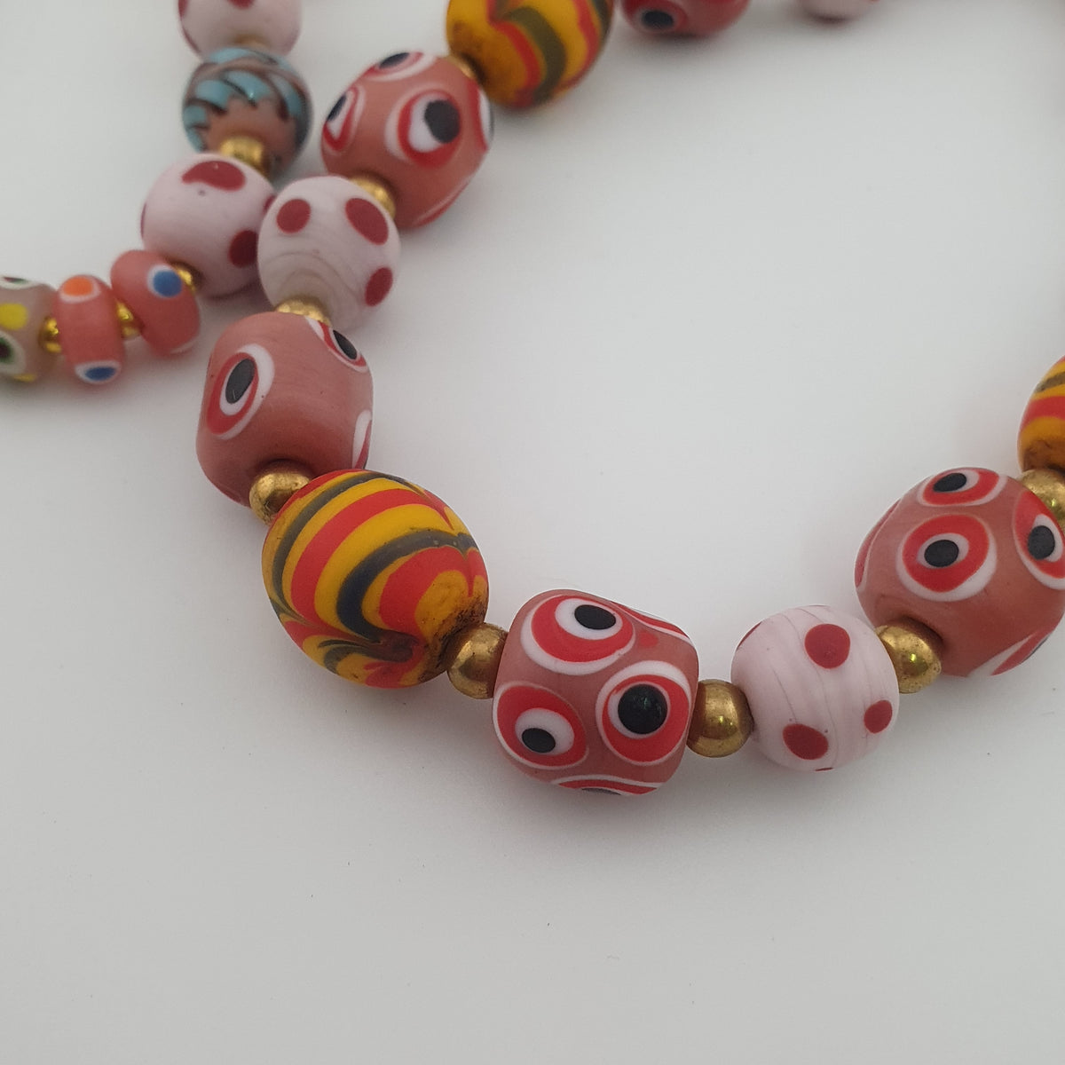 Antique Venetian Style Mix Eyes & Feather Desgin Glass Beads Necklace