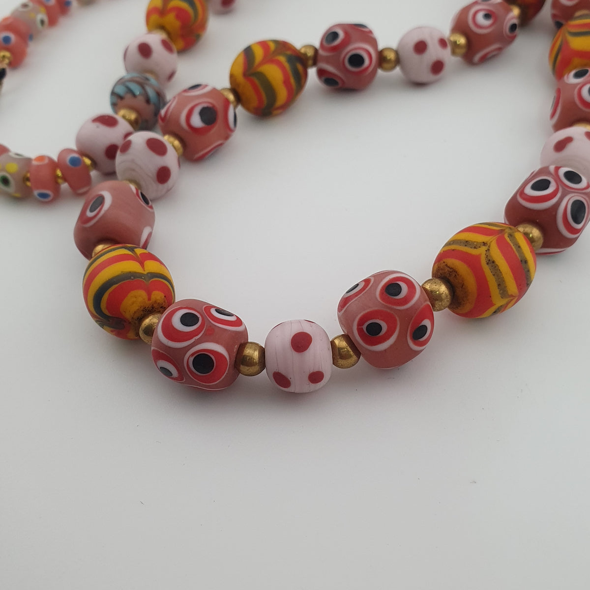 Antique Venetian Style Mix Eyes & Feather Desgin Glass Beads Necklace