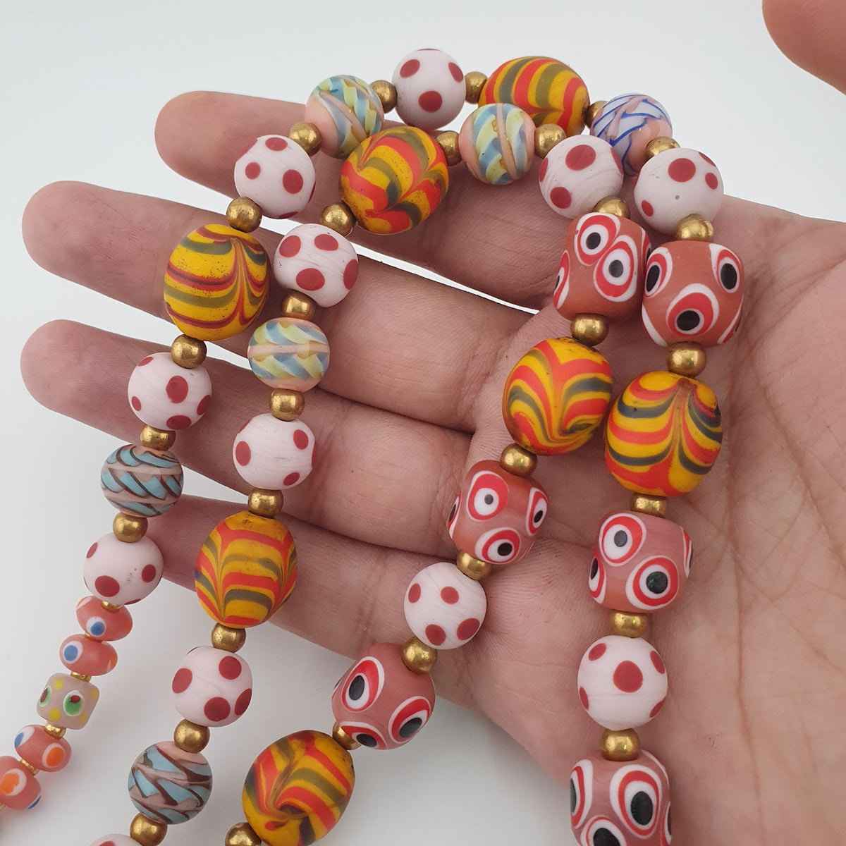 Antique Venetian Style Mix Eyes & Feather Desgin Glass Beads Necklace