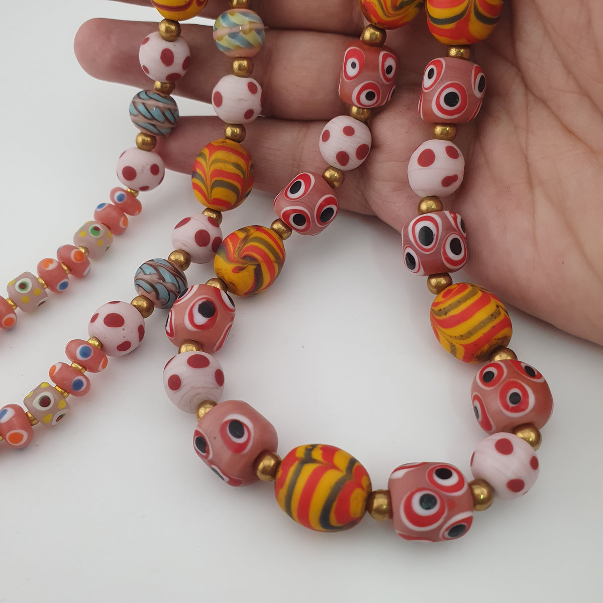 Antique Venetian Style Mix Eyes & Feather Desgin Glass Beads Necklace