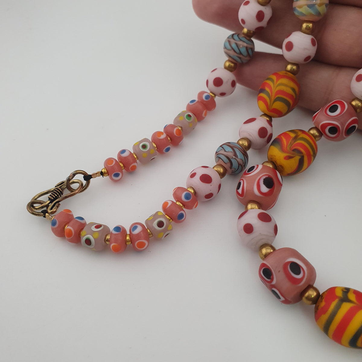 Antique Venetian Style Mix Eyes & Feather Desgin Glass Beads Necklace