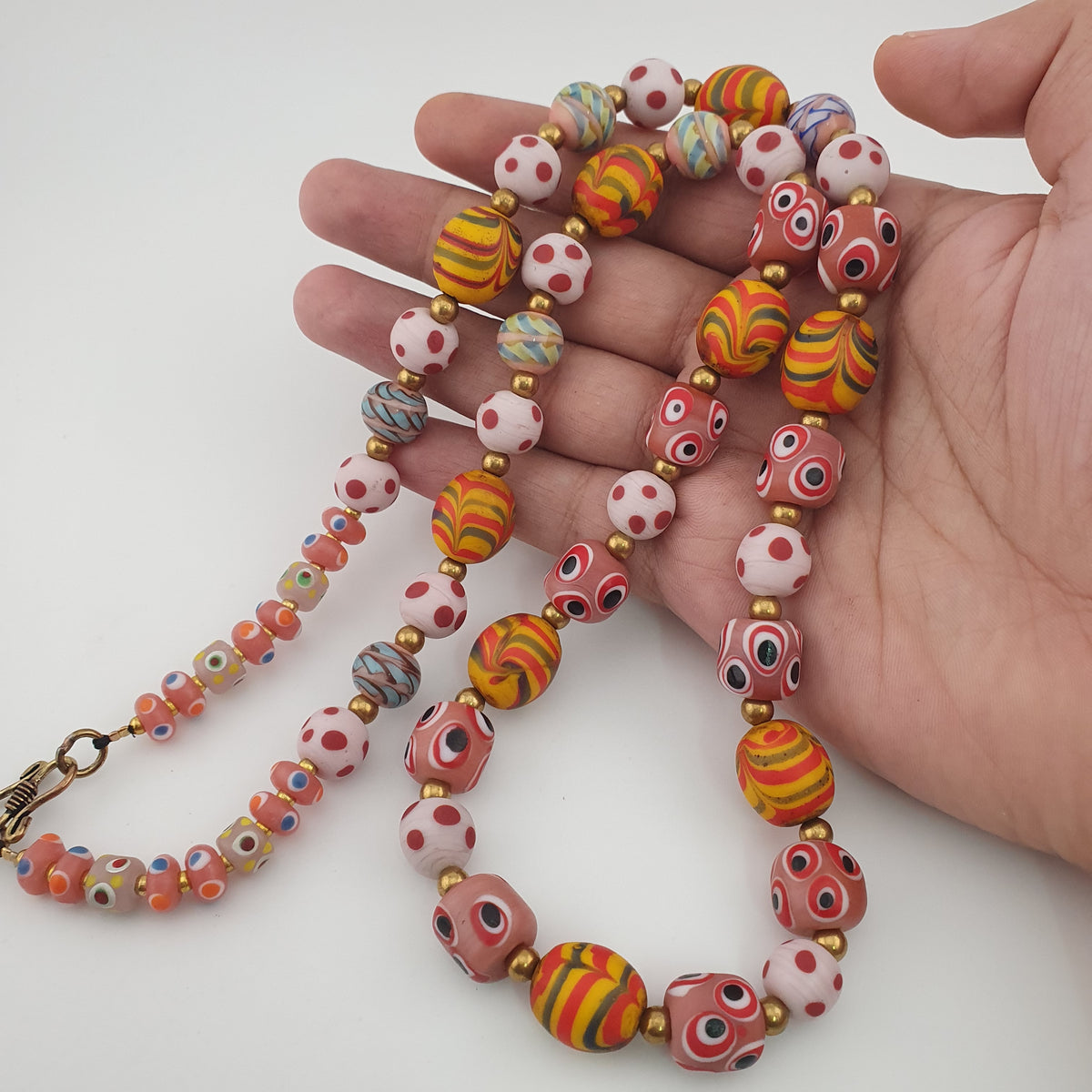 Antique Venetian Style Mix Eyes & Feather Desgin Glass Beads Necklace