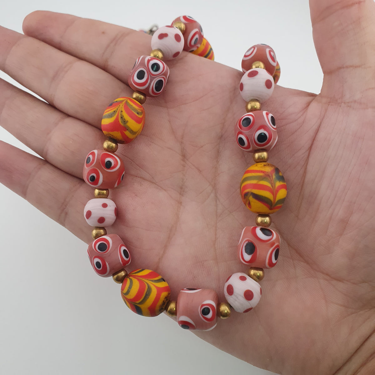 Antique Venetian Style Mix Eyes & Feather Desgin Glass Beads Necklace
