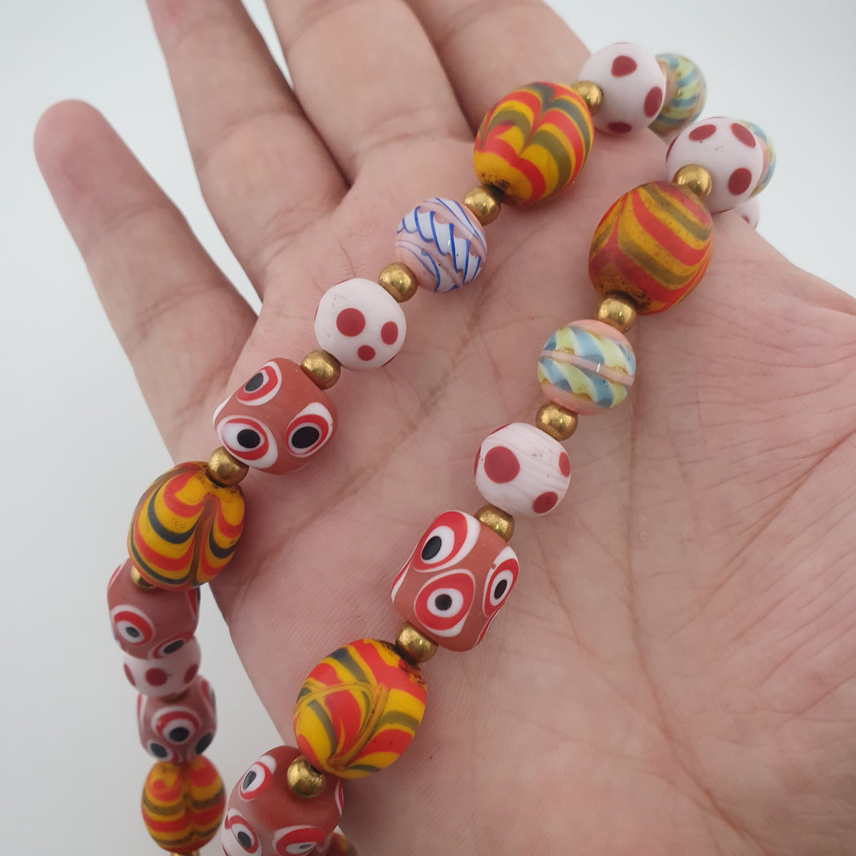 Antique Venetian Style Mix Eyes & Feather Desgin Glass Beads Necklace