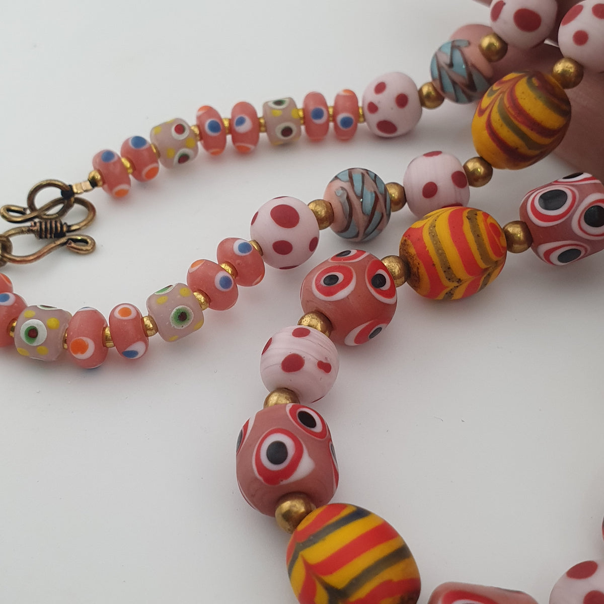 Antique Venetian Style Mix Eyes & Feather Desgin Glass Beads Necklace