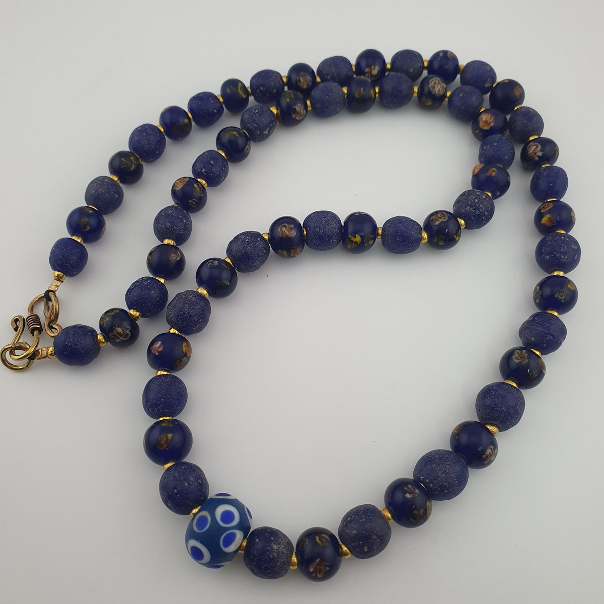 Antique Venetian African Style Floral & African Blue Glass Beads Necklace