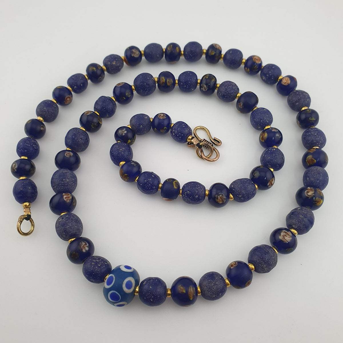 Antique Venetian African Style Floral & African Blue Glass Beads Necklace