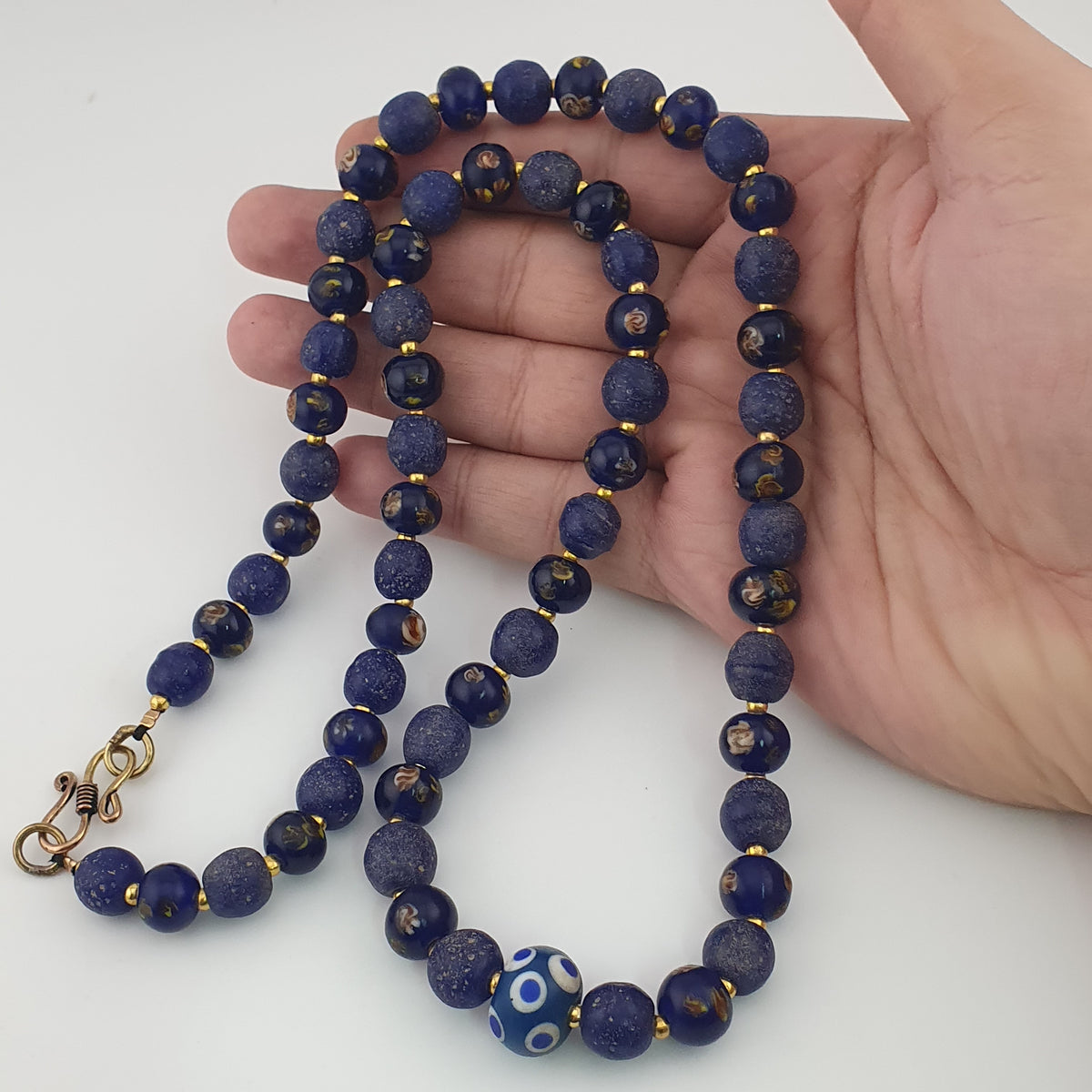 Antique Venetian African Style Floral & African Blue Glass Beads Necklace