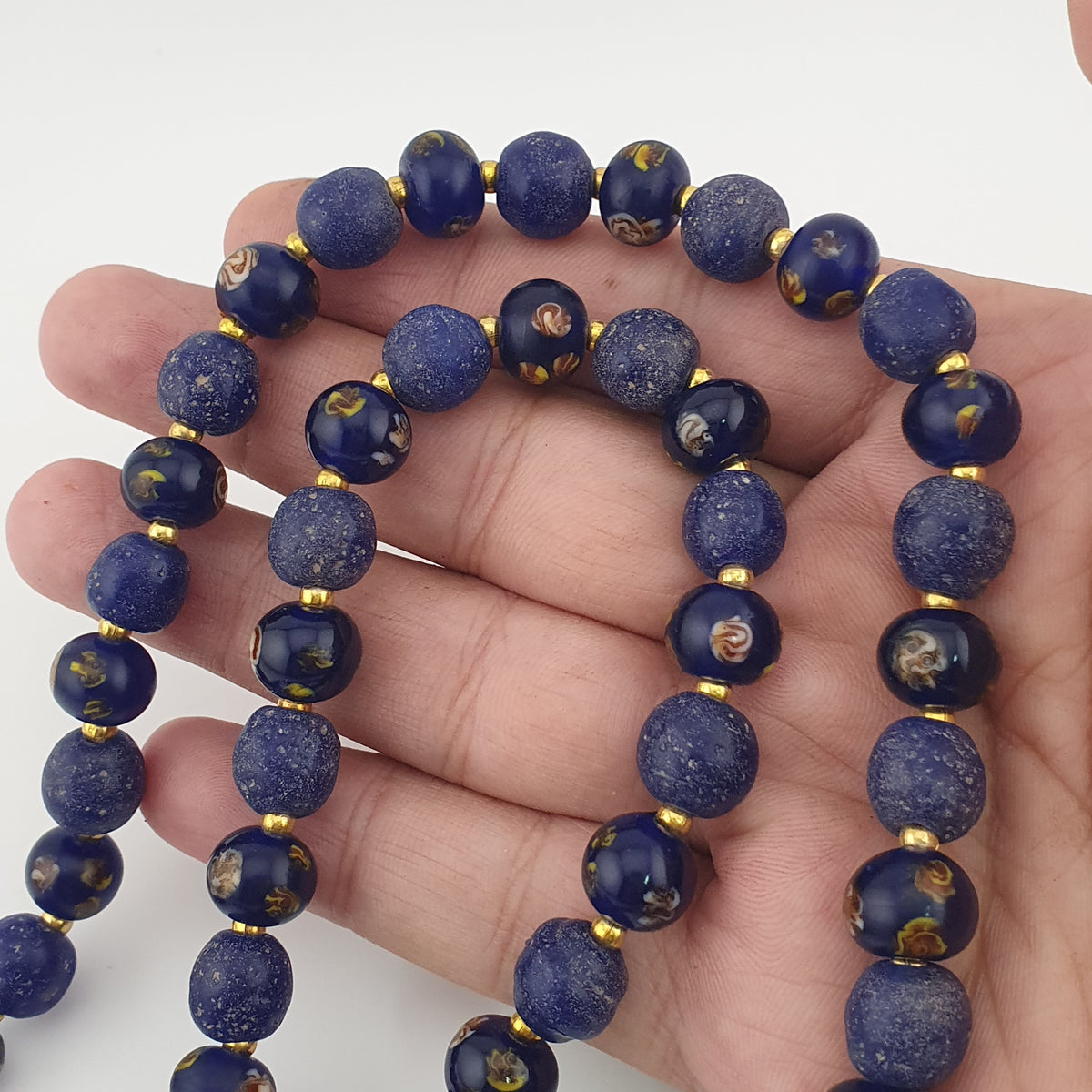 Antique Venetian African Style Floral & African Blue Glass Beads Necklace