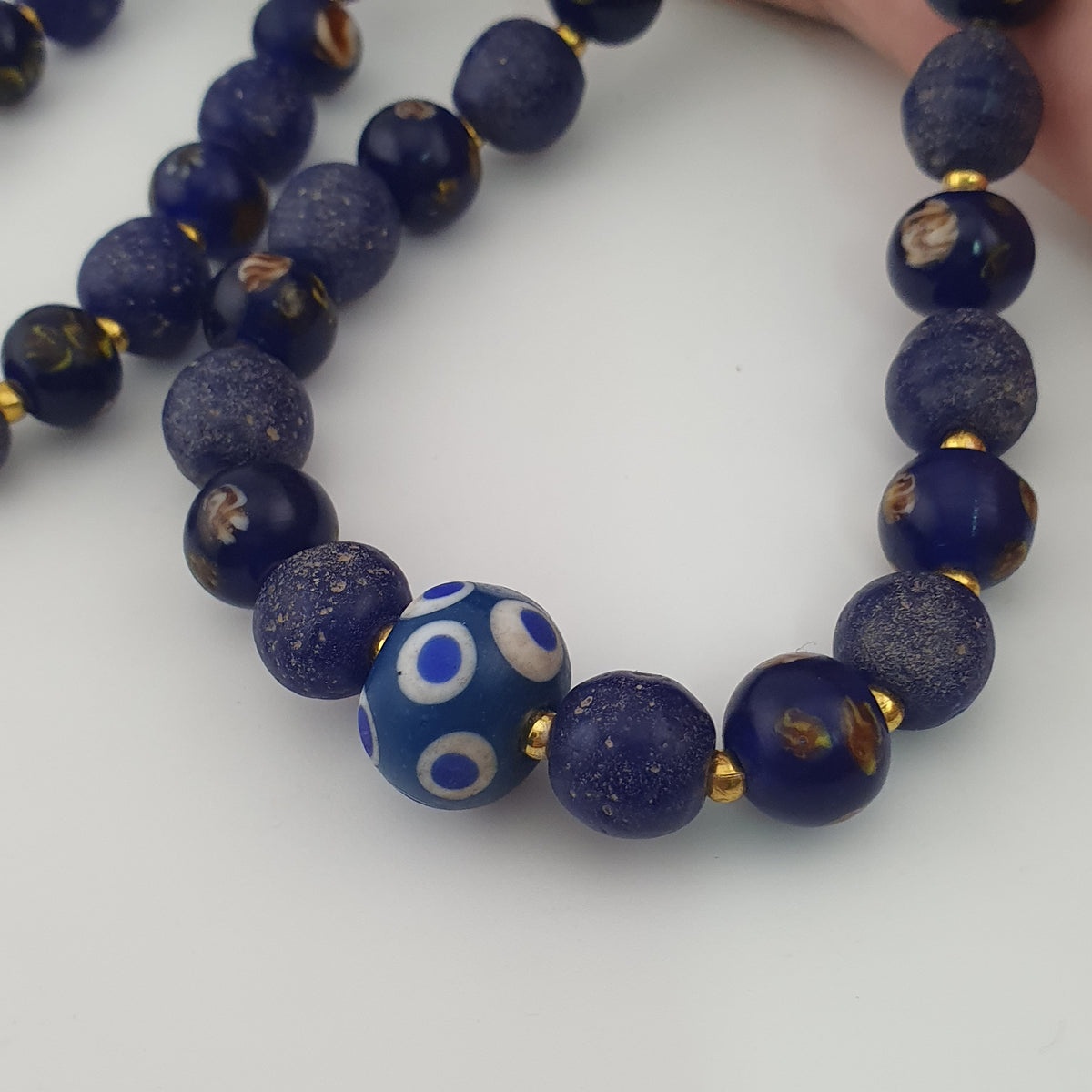 Antique Venetian African Style Floral & African Blue Glass Beads Necklace