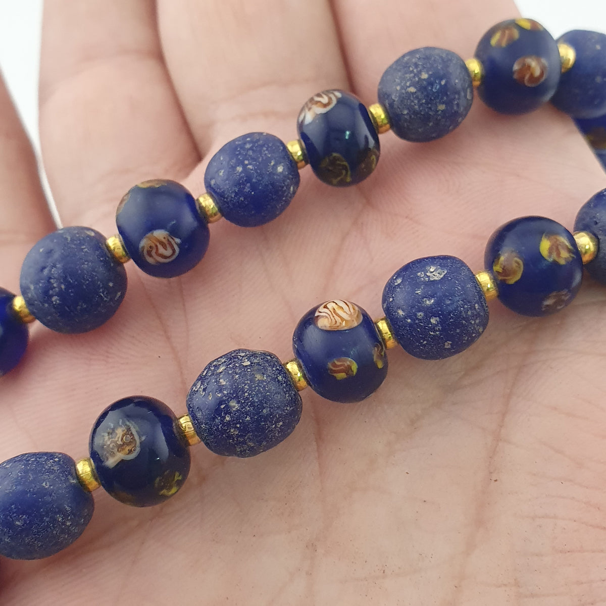 Antique Venetian African Style Floral & African Blue Glass Beads Necklace