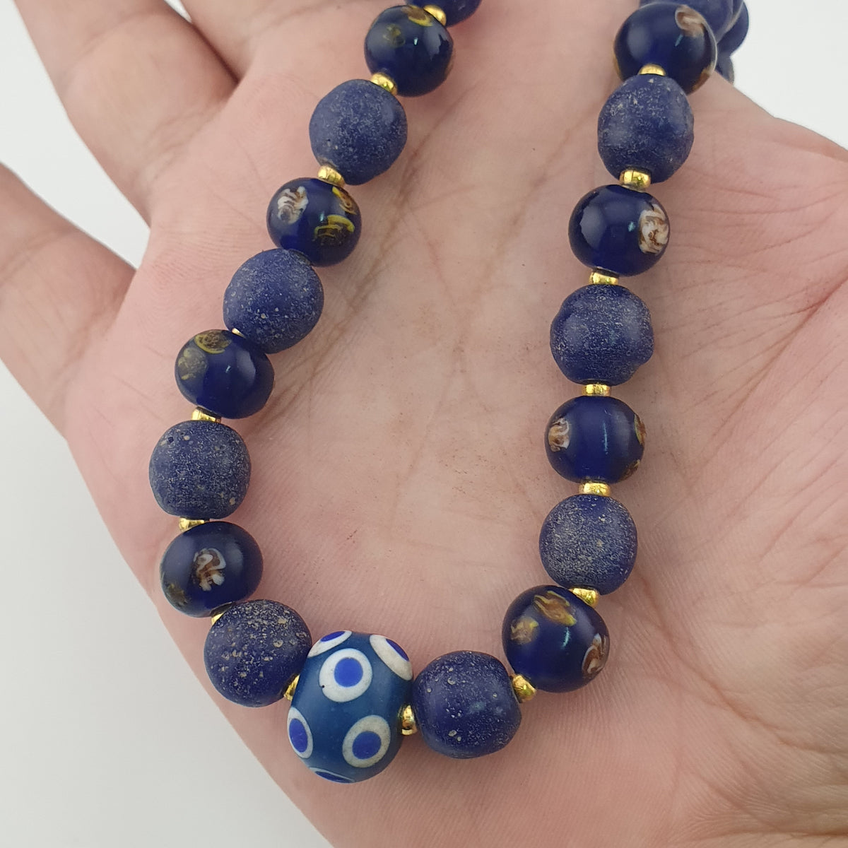 Antique Venetian African Style Floral & African Blue Glass Beads Necklace