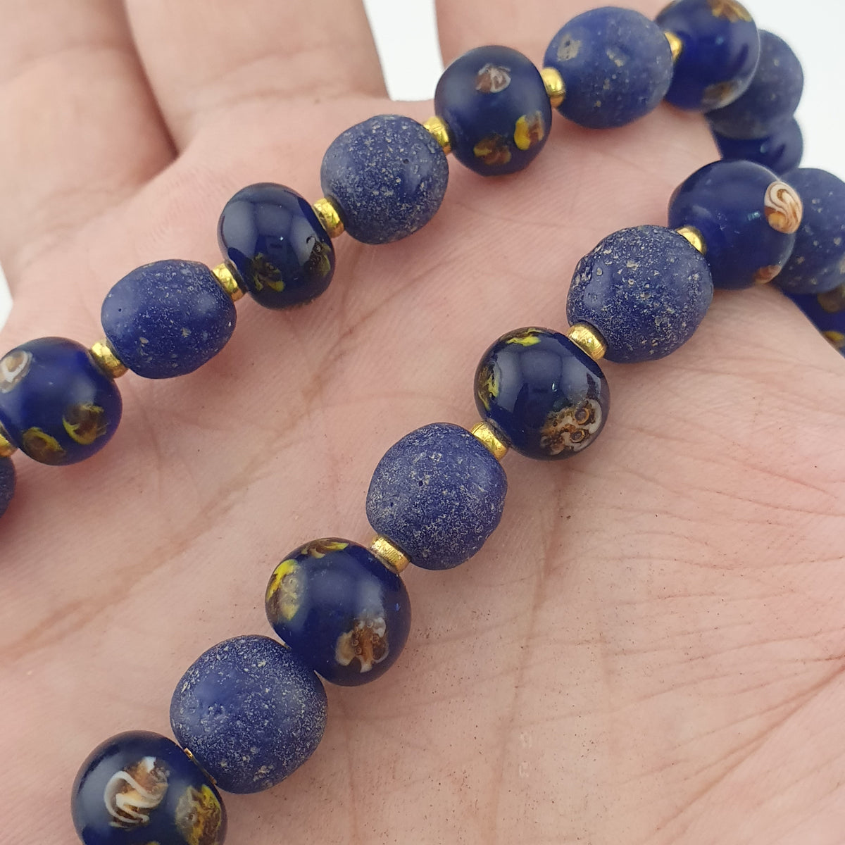 Antique Venetian African Style Floral & African Blue Glass Beads Necklace
