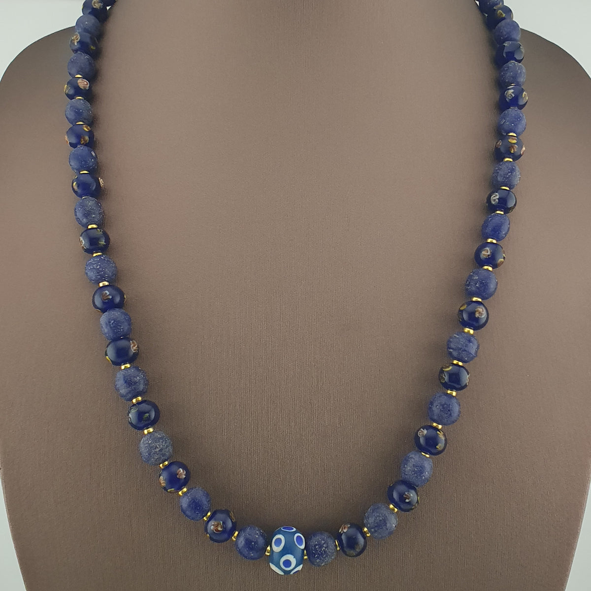 Antique Venetian African Style Floral & African Blue Glass Beads Necklace
