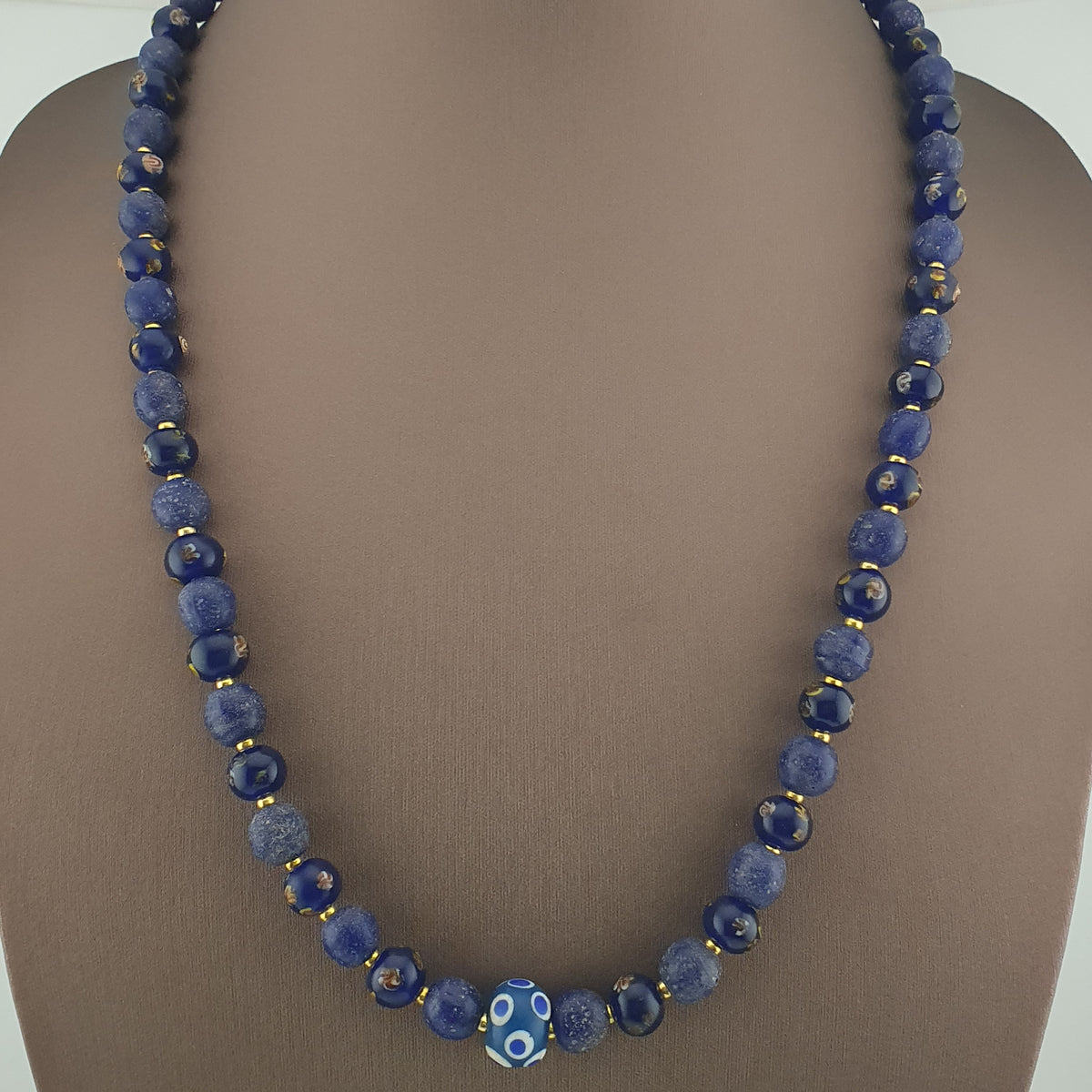 Antique Venetian African Style Floral & African Blue Glass Beads Necklace
