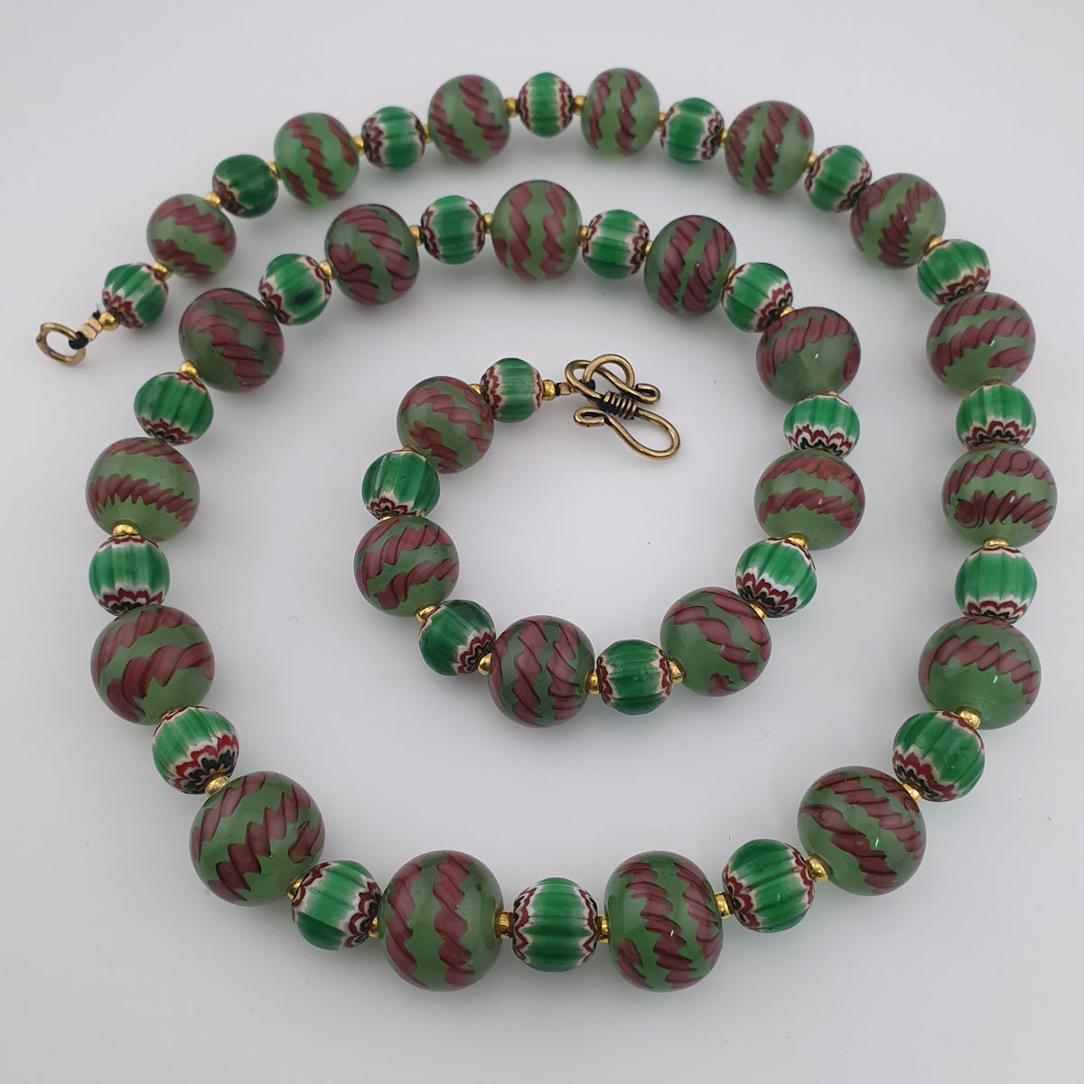 Antique Venetian Style Stripe & Chevron Glass Beads Necklace