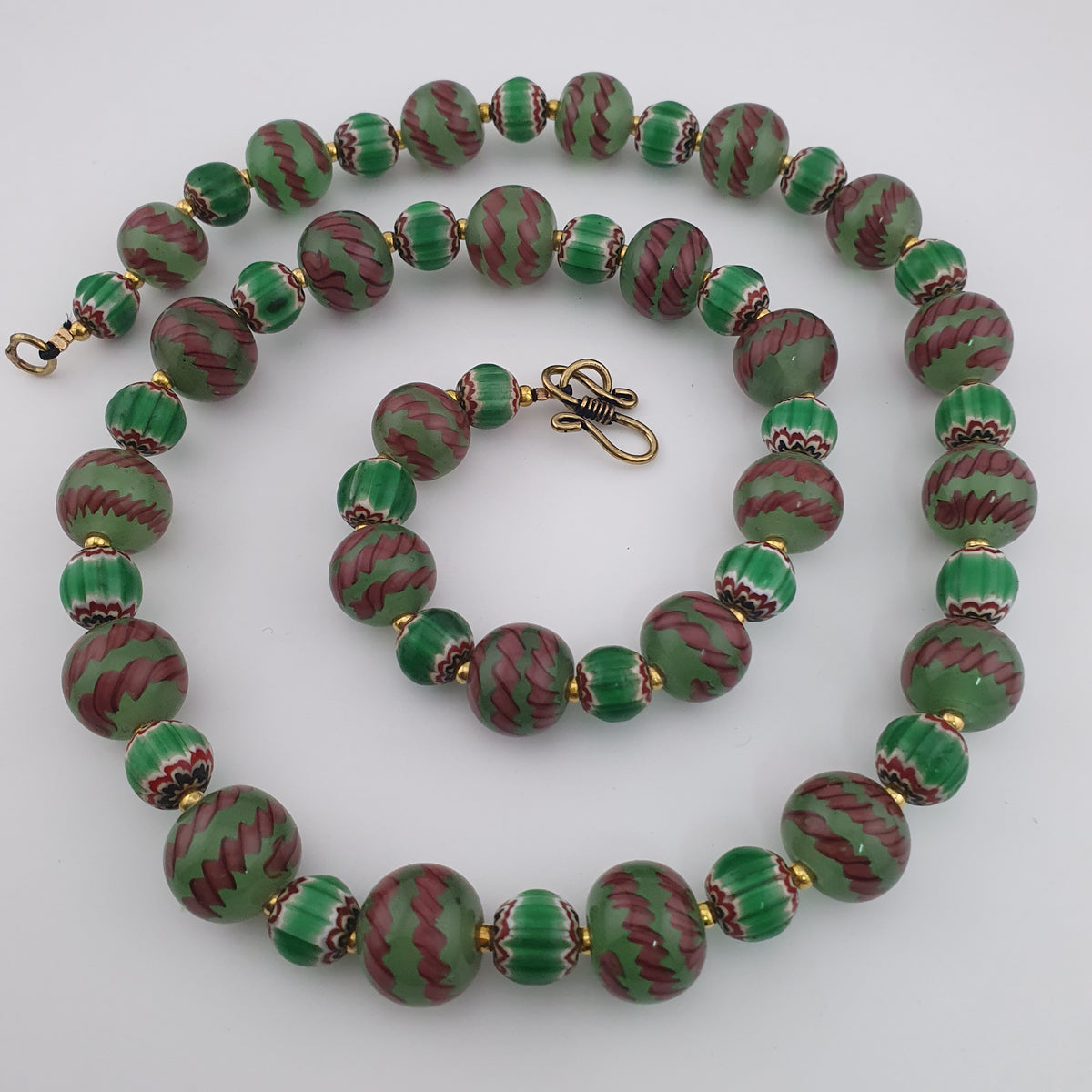 Antique Venetian Style Stripe & Chevron Glass Beads Necklace