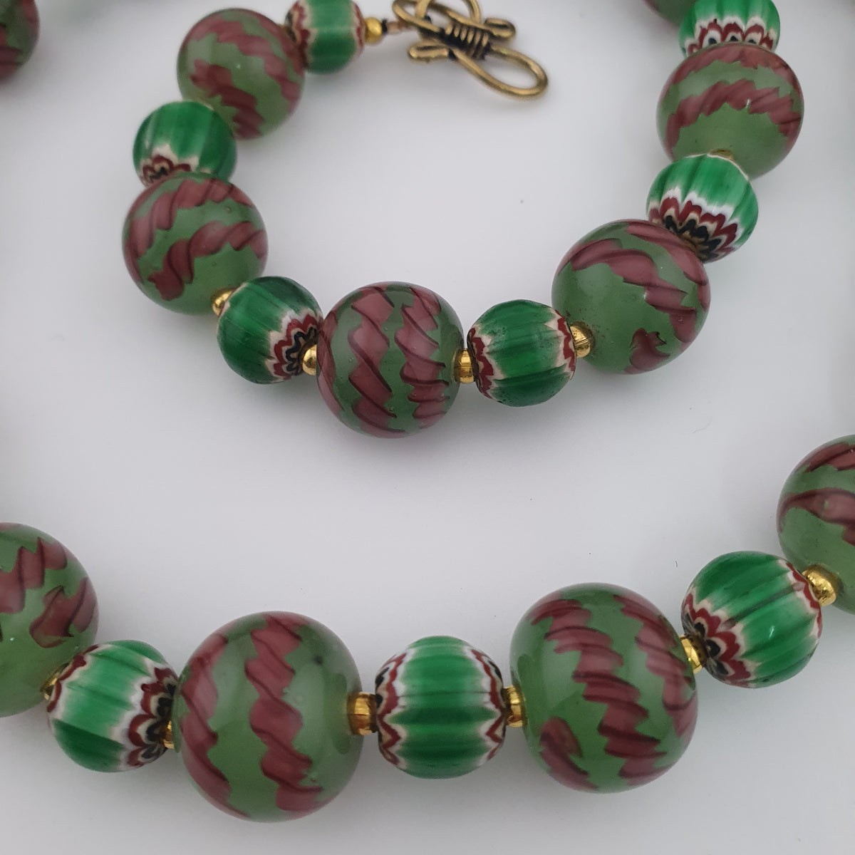 Antique Venetian Style Stripe & Chevron Glass Beads Necklace