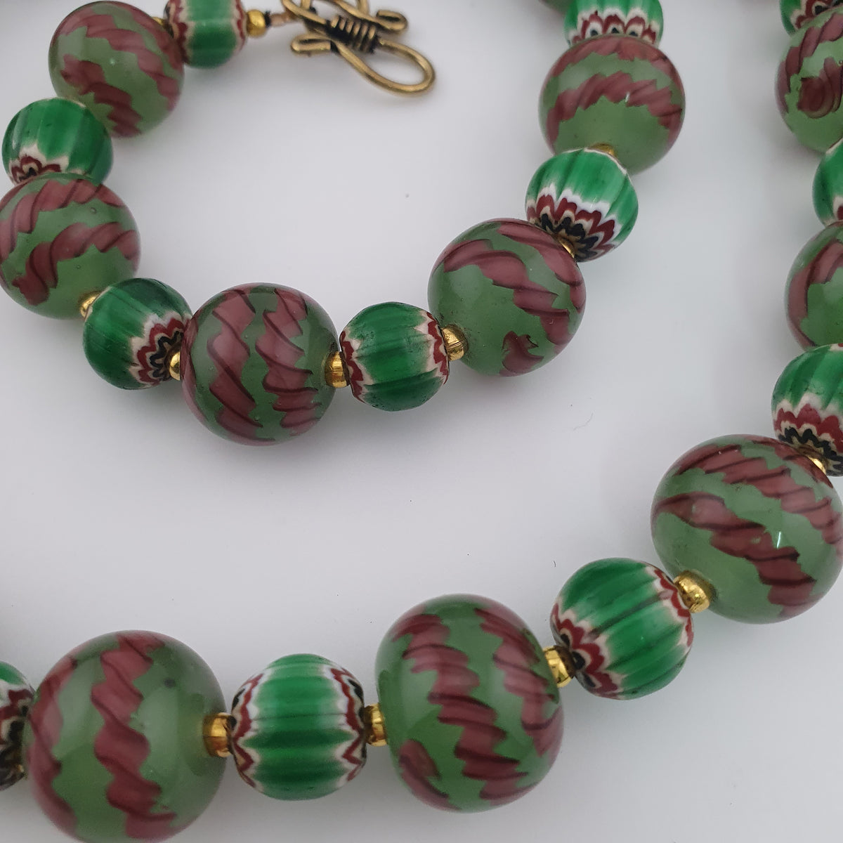 Antique Venetian Style Stripe & Chevron Glass Beads Necklace