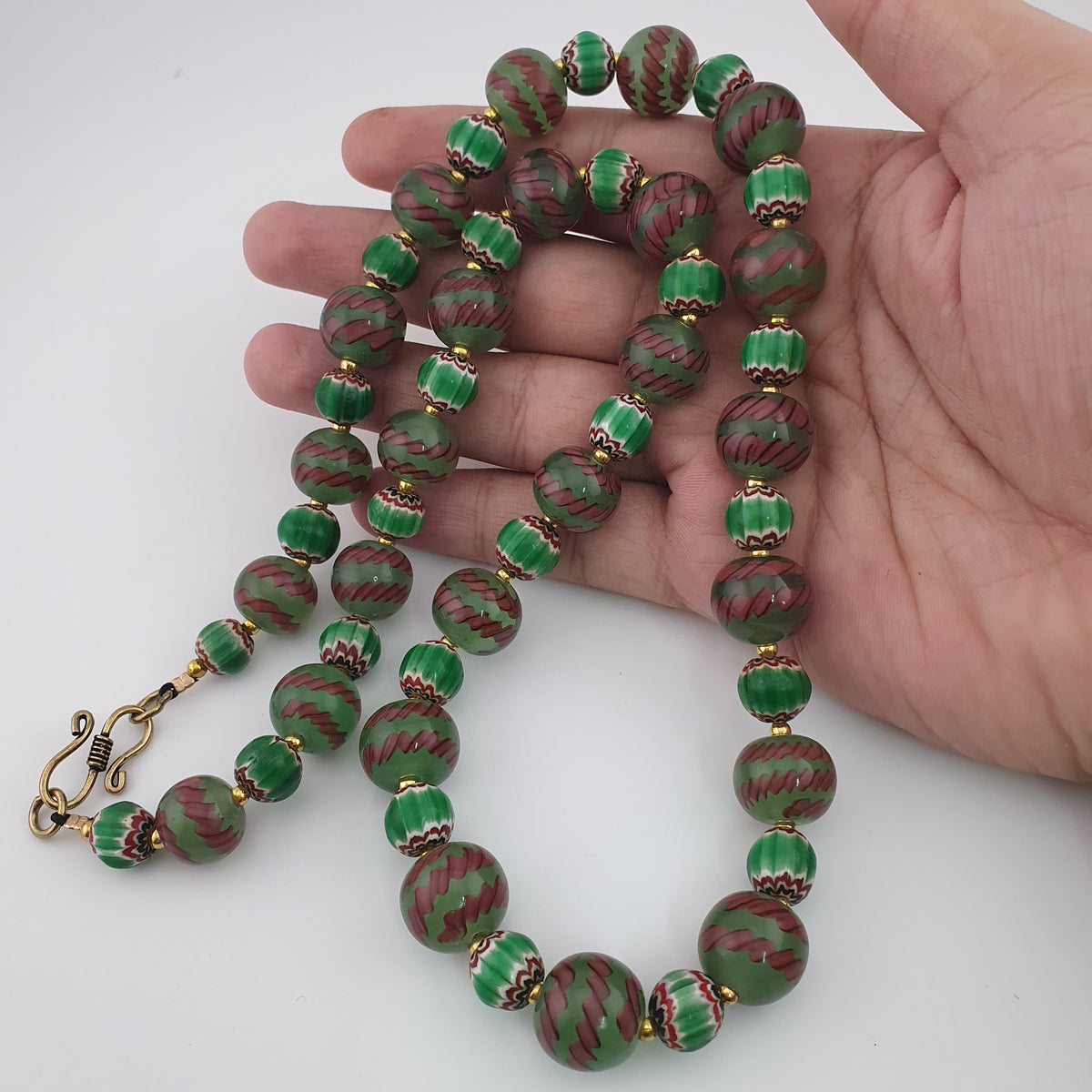 Antique Venetian Style Stripe & Chevron Glass Beads Necklace
