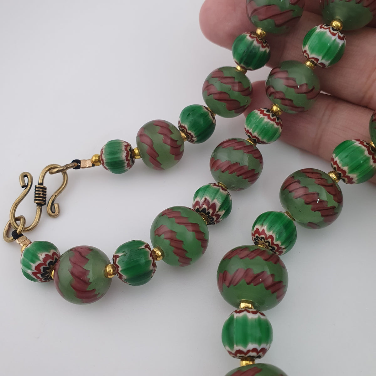 Antique Venetian Style Stripe & Chevron Glass Beads Necklace