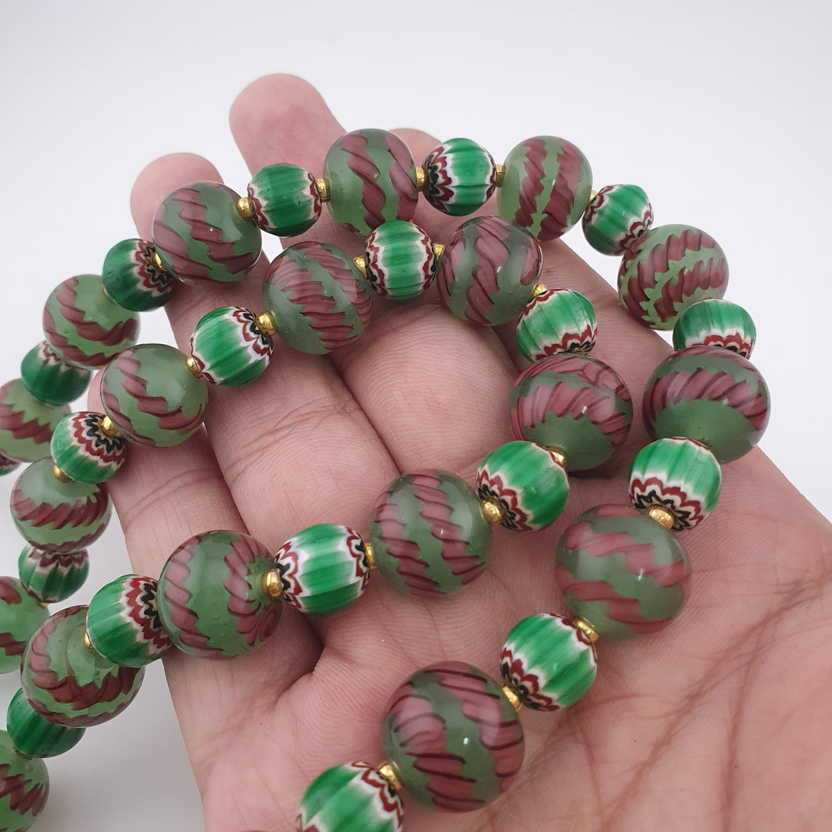 Antique Venetian Style Stripe & Chevron Glass Beads Necklace