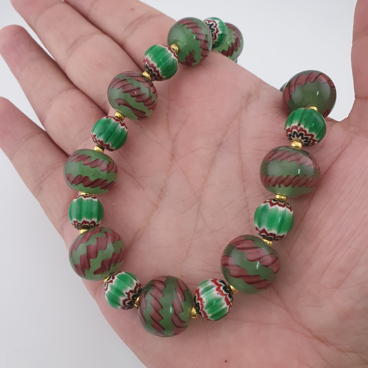 Antique Venetian Style Stripe & Chevron Glass Beads Necklace