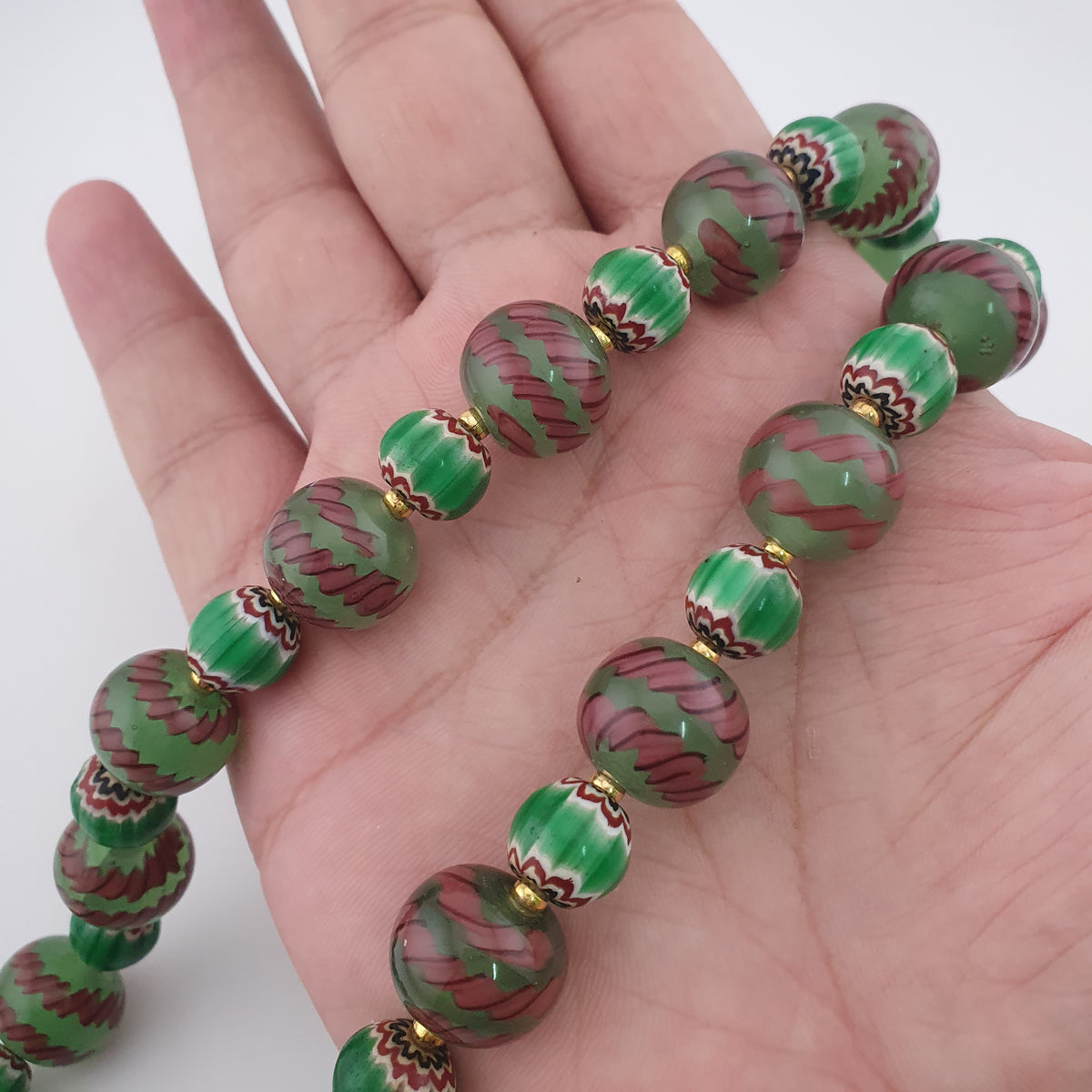 Antique Venetian Style Stripe & Chevron Glass Beads Necklace