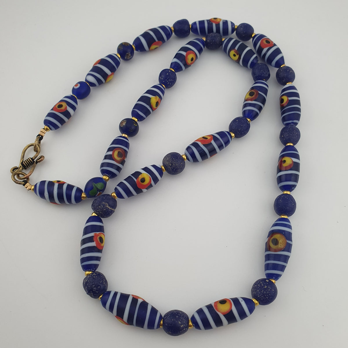 Antique Venetian African Style Stripe Eyes & Blue Glass Beads Necklace