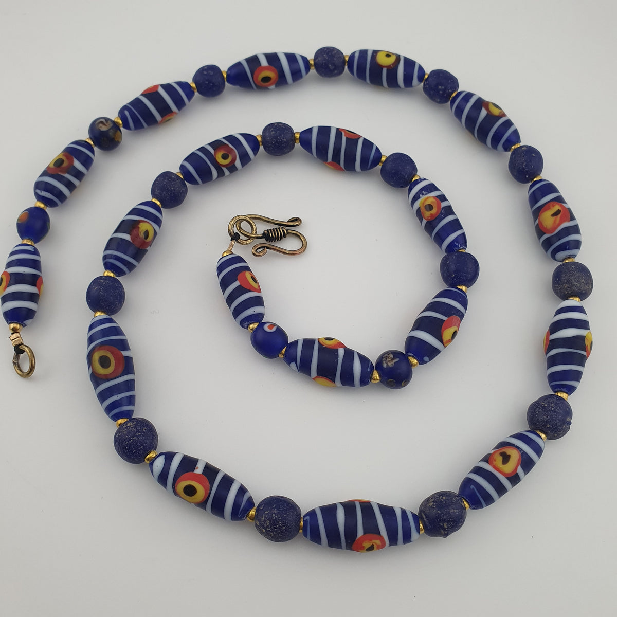Antique Venetian African Style Stripe Eyes & Blue Glass Beads Necklace