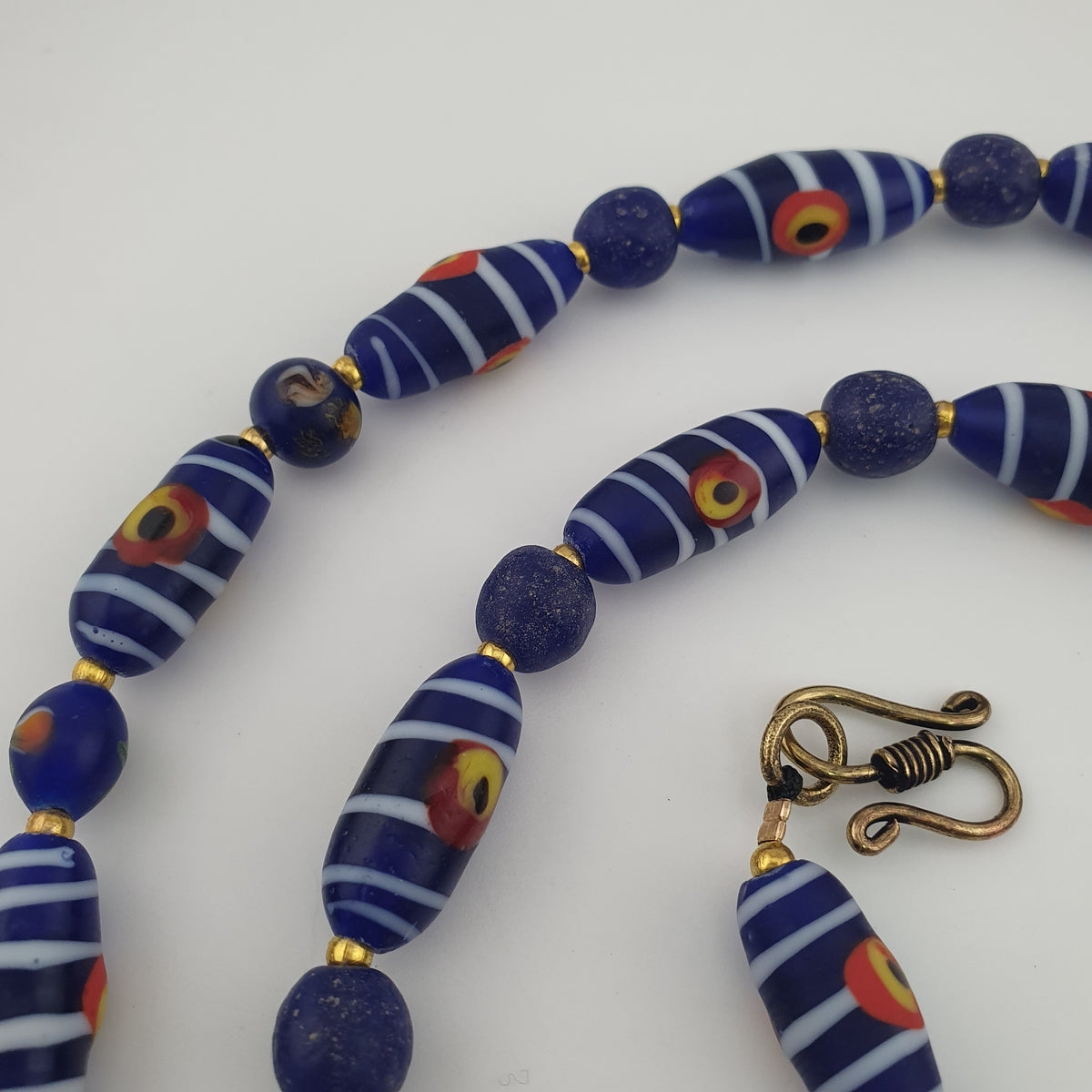 Antique Venetian African Style Stripe Eyes & Blue Glass Beads Necklace