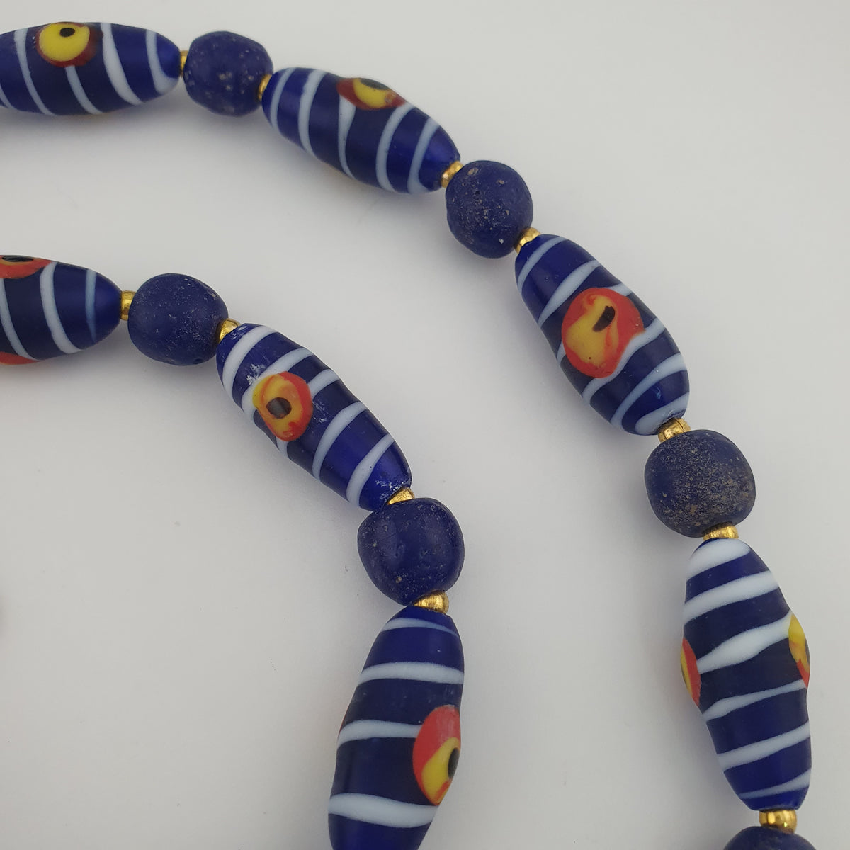 Antique Venetian African Style Stripe Eyes & Blue Glass Beads Necklace