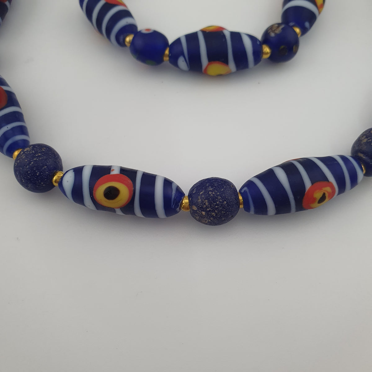 Antique Venetian African Style Stripe Eyes & Blue Glass Beads Necklace