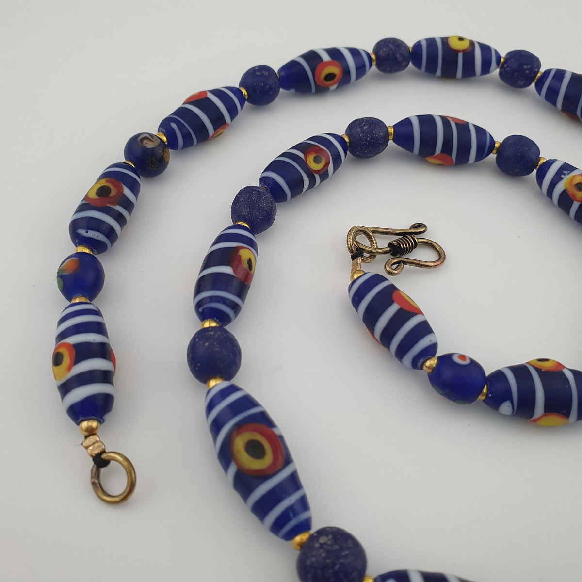 Antique Venetian African Style Stripe Eyes & Blue Glass Beads Necklace
