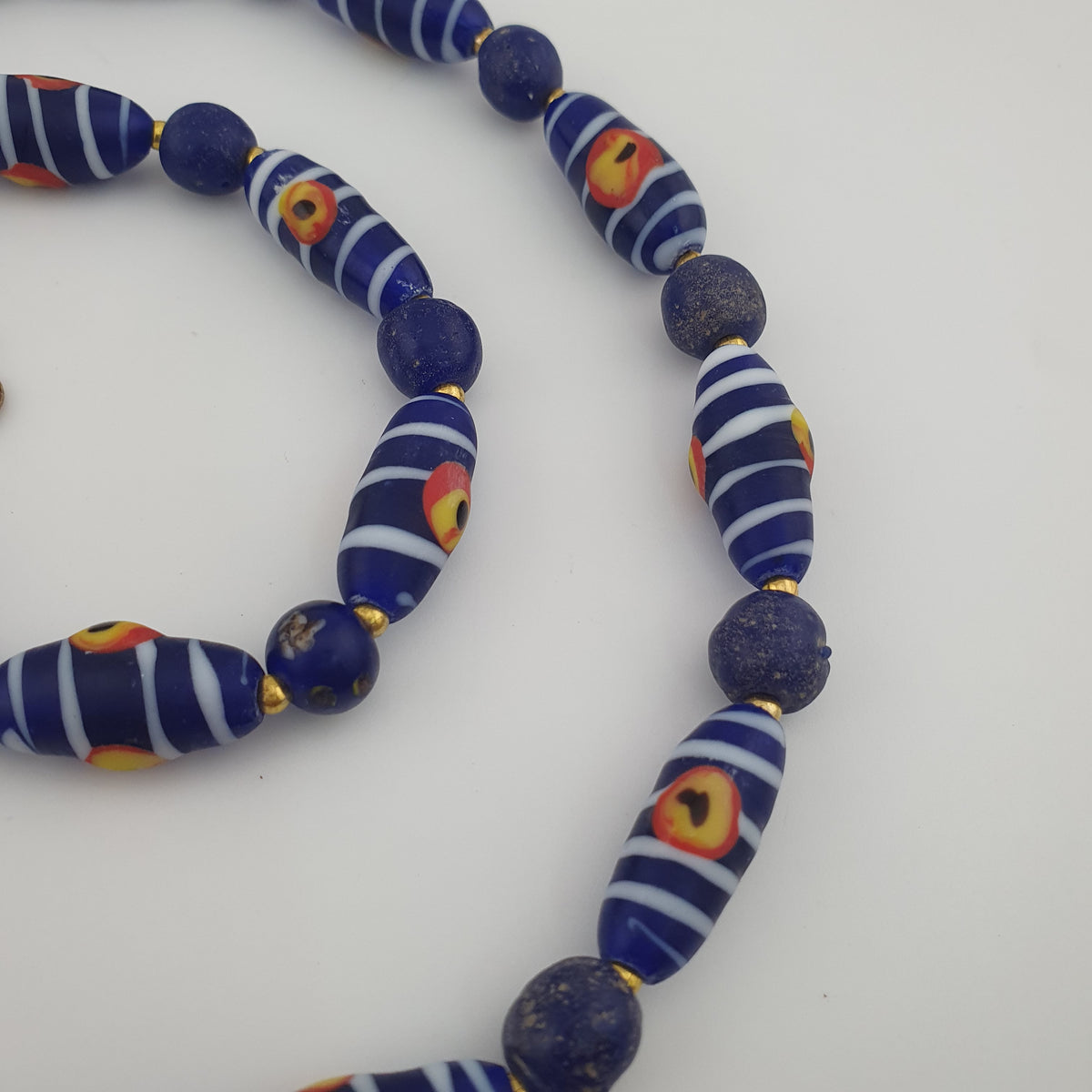 Antique Venetian African Style Stripe Eyes & Blue Glass Beads Necklace